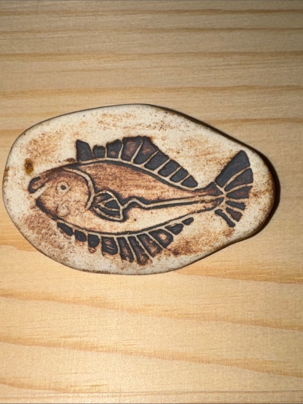 Hand-Painted Ceramic Fish - Cream and Brown Brooch